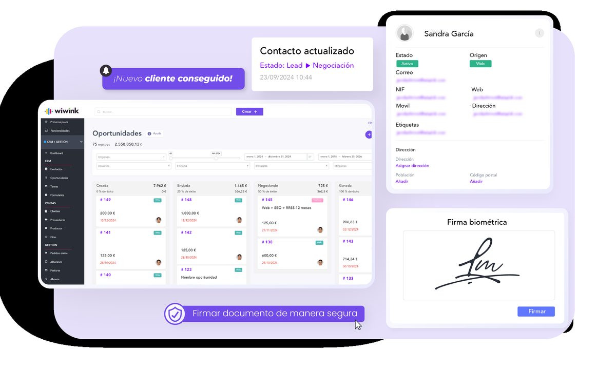 Ficha de cliente 360º en wiwink, con oportunidades, datos y documentos vinculados