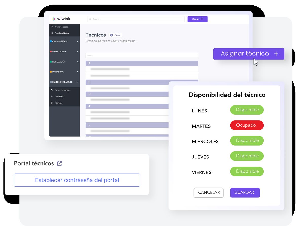 Gestión de técnicos y disponibilidad en el módulo de Trabajos de wiwink