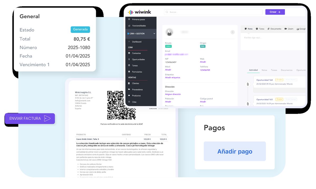 Portal de cliente en wiwink: facturas, factura Verifactu con QR y opciones de pago y envío