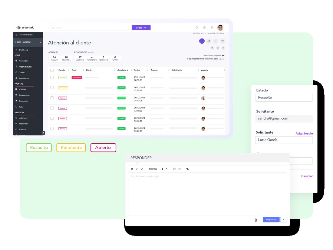 Ticket de soporte vinculado a la ficha del cliente en wiwink