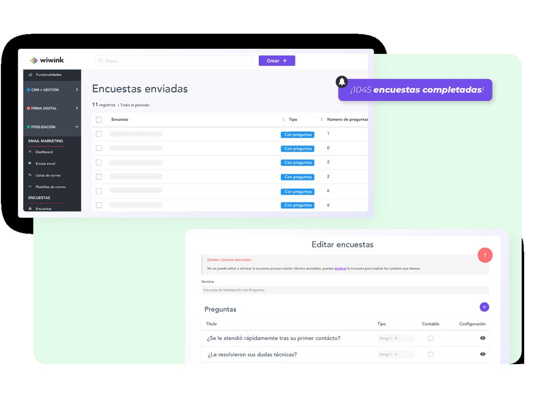Encuestas de satisfacción en wiwink: encuestas enviadas, número de respuestas completadas y edición de preguntas
