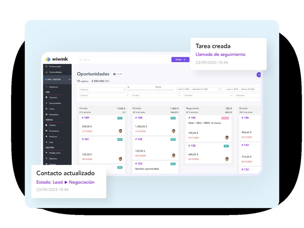 Pipeline of opportunities and quotes in the wiwink CRM