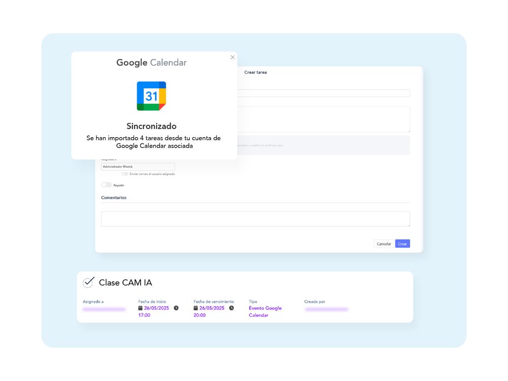 Tasks and Google Calendar sync in wiwink