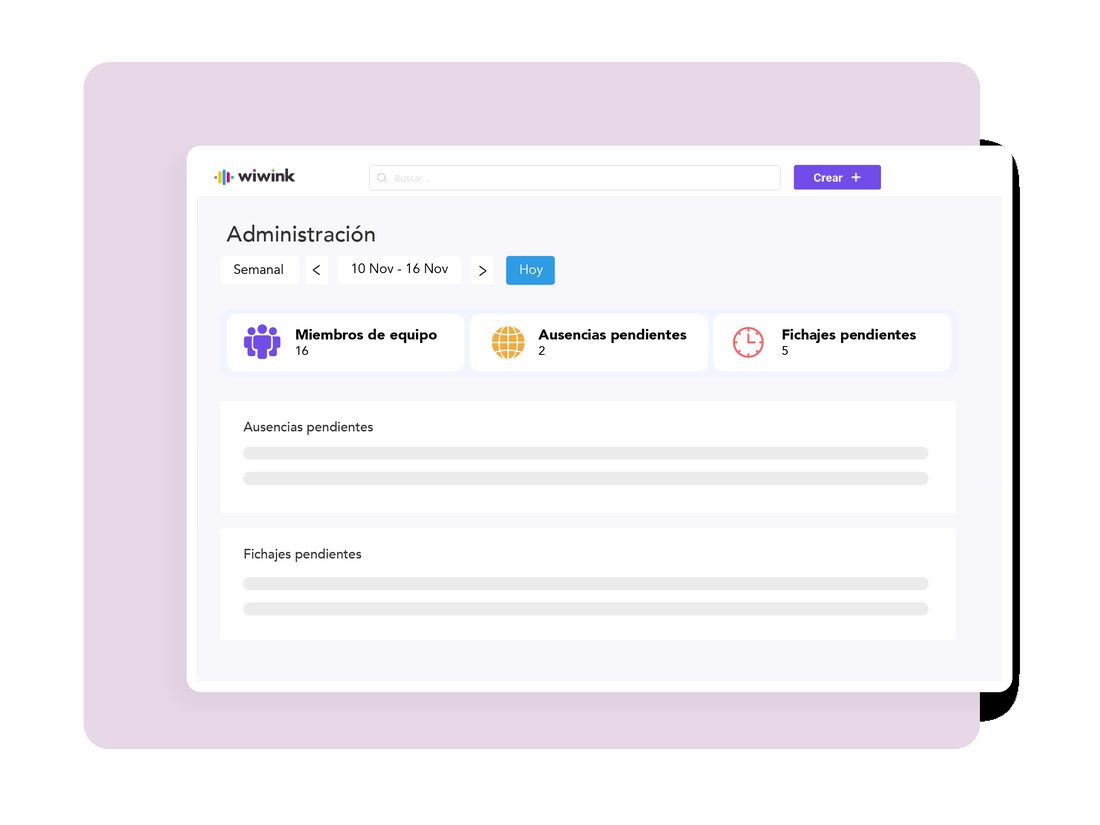 Panel de administración de wiwink: miembros de equipo, ausencias pendientes y fichajes pendientes