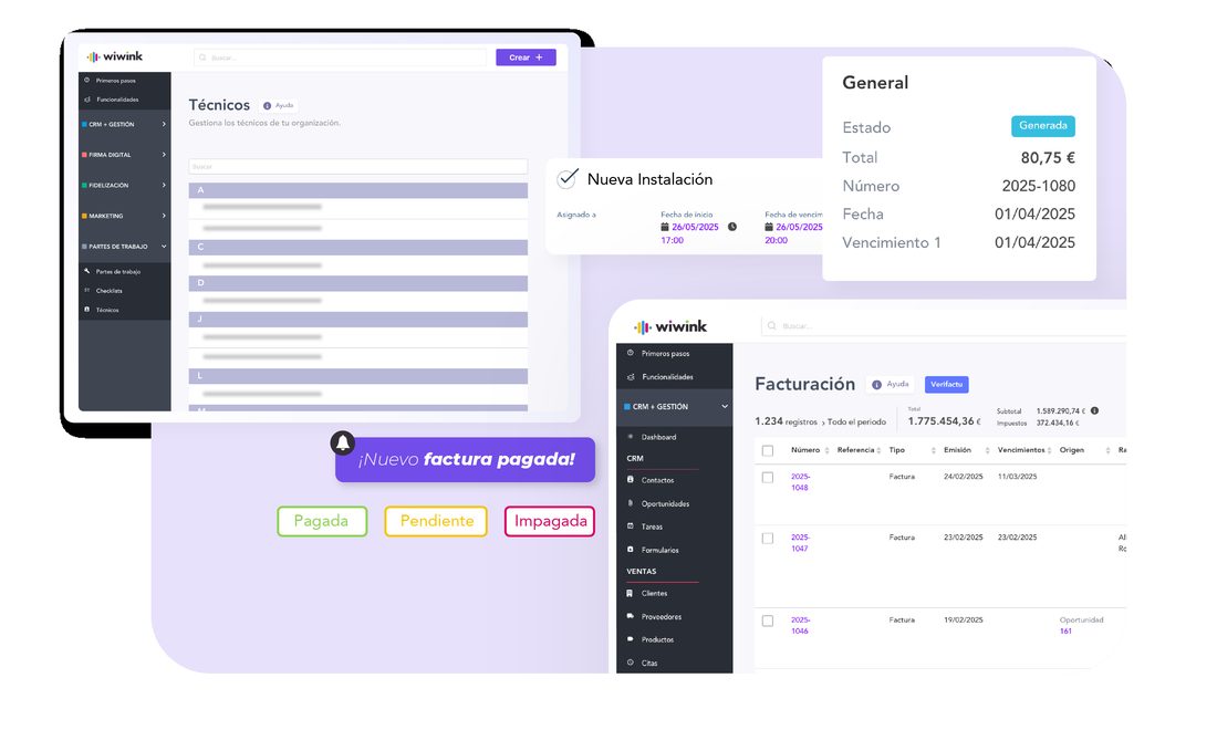 Panel de gestión de wiwink: técnicos, facturación con Verifactu y notificaciones de facturas pagadas