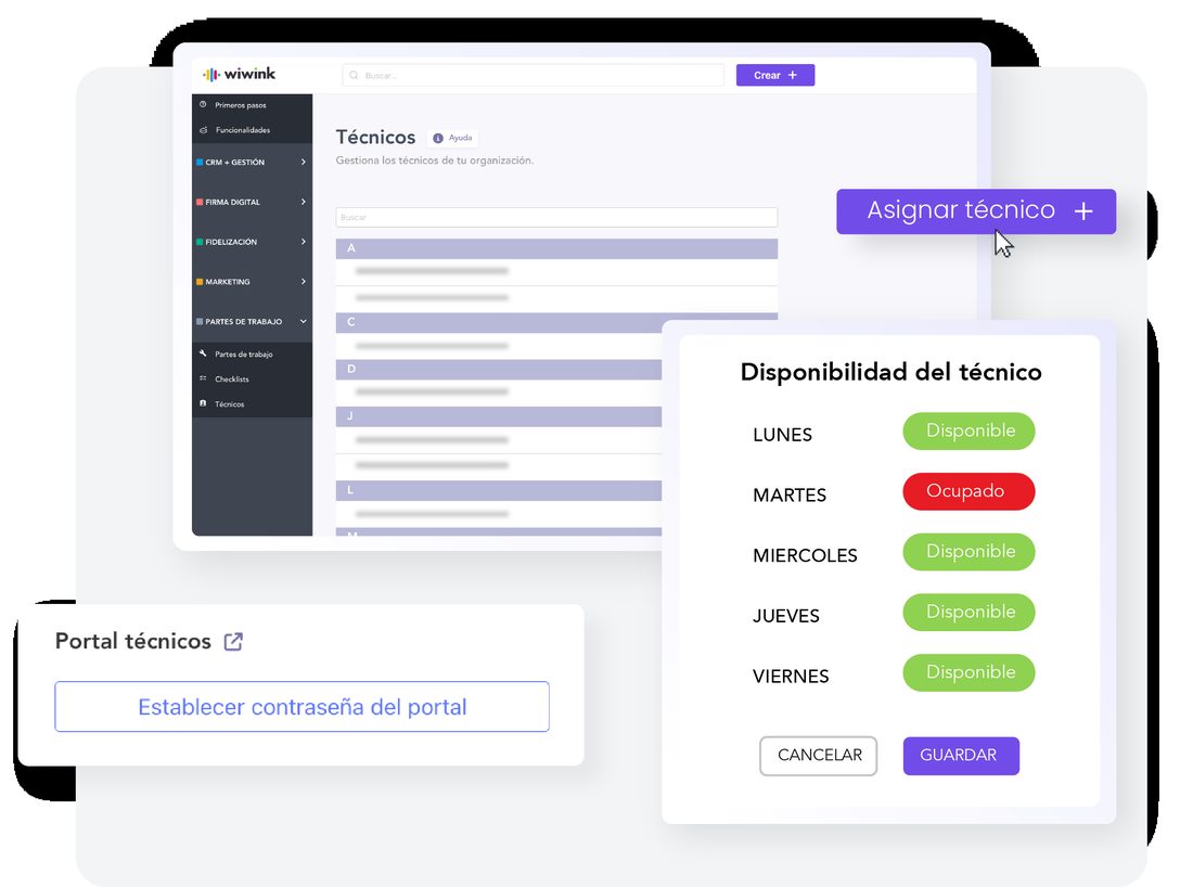Gestión de técnicos en wiwink: asignación y disponibilidad semanal por técnico