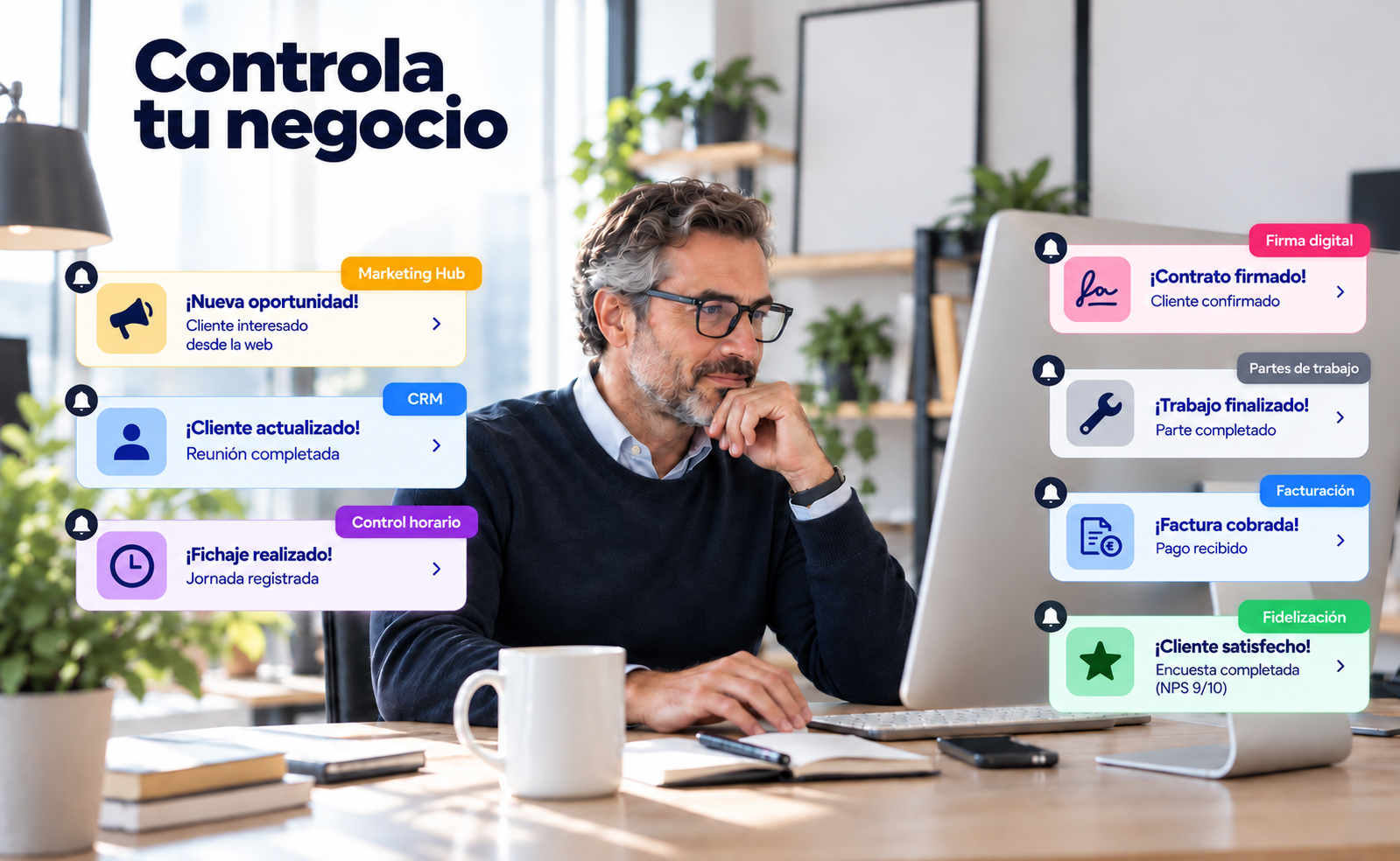 Notificaciones automáticas de wiwink: presupuesto enviado, contrato firmado, cobro recibido, ausencia aprobada y newsletter enviada, con fichaje y campañas de marketing