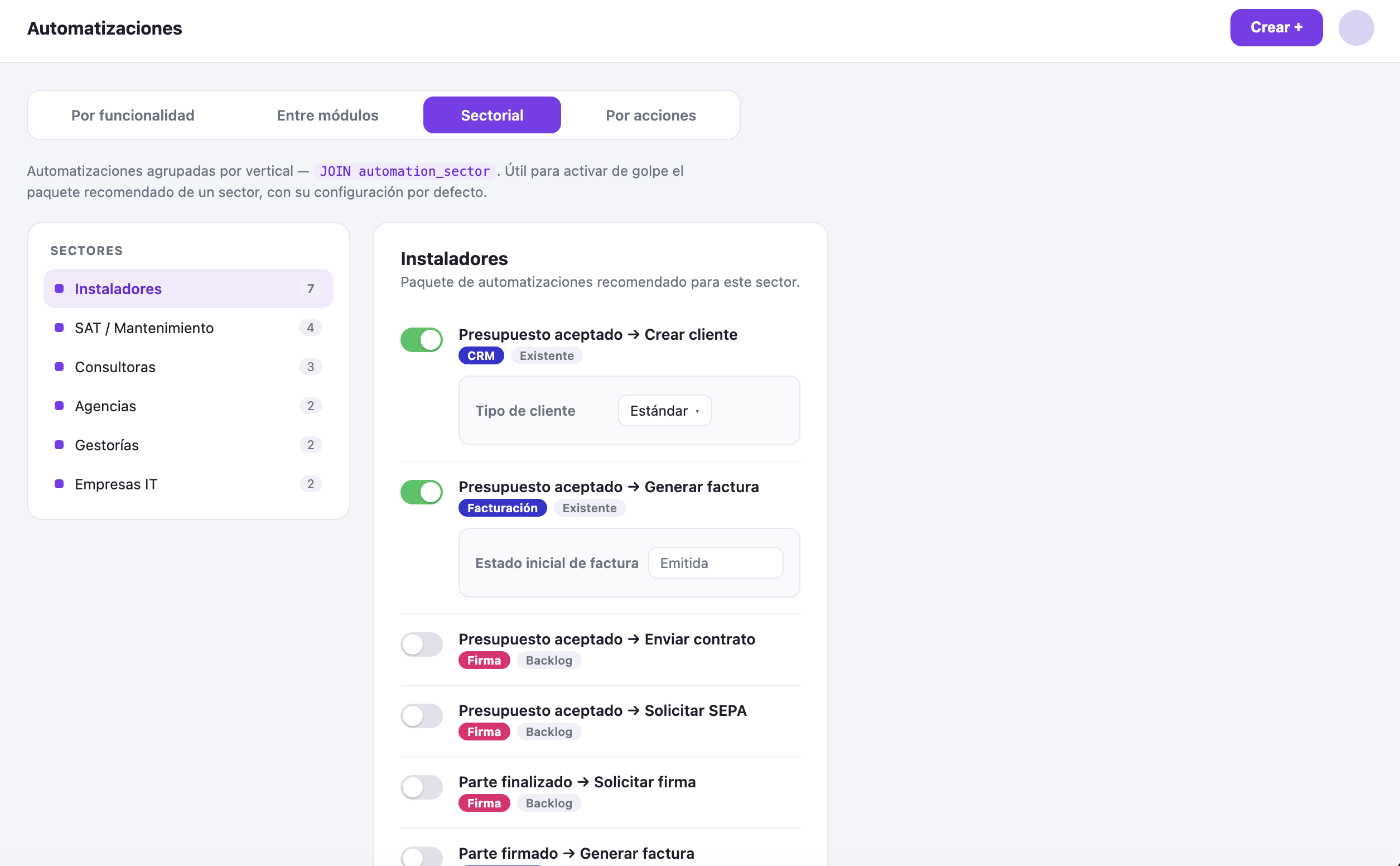 Paquetes de automatizaciones por sector en wiwink