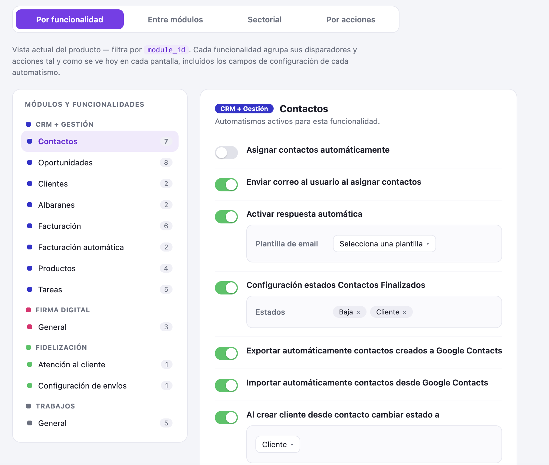 Automatizaciones por funcionalidad en wiwink