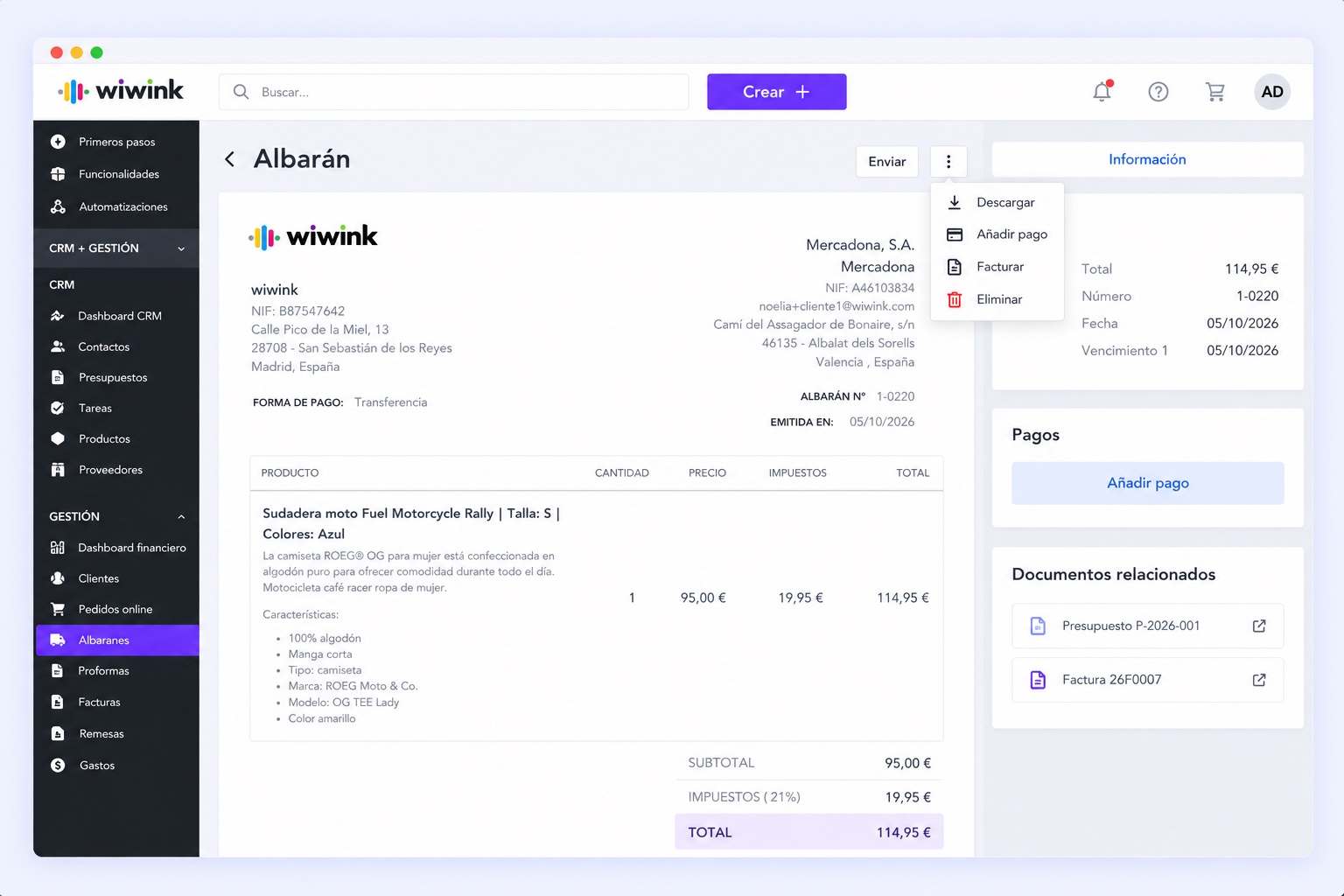 Gestión de albaranes en wiwink