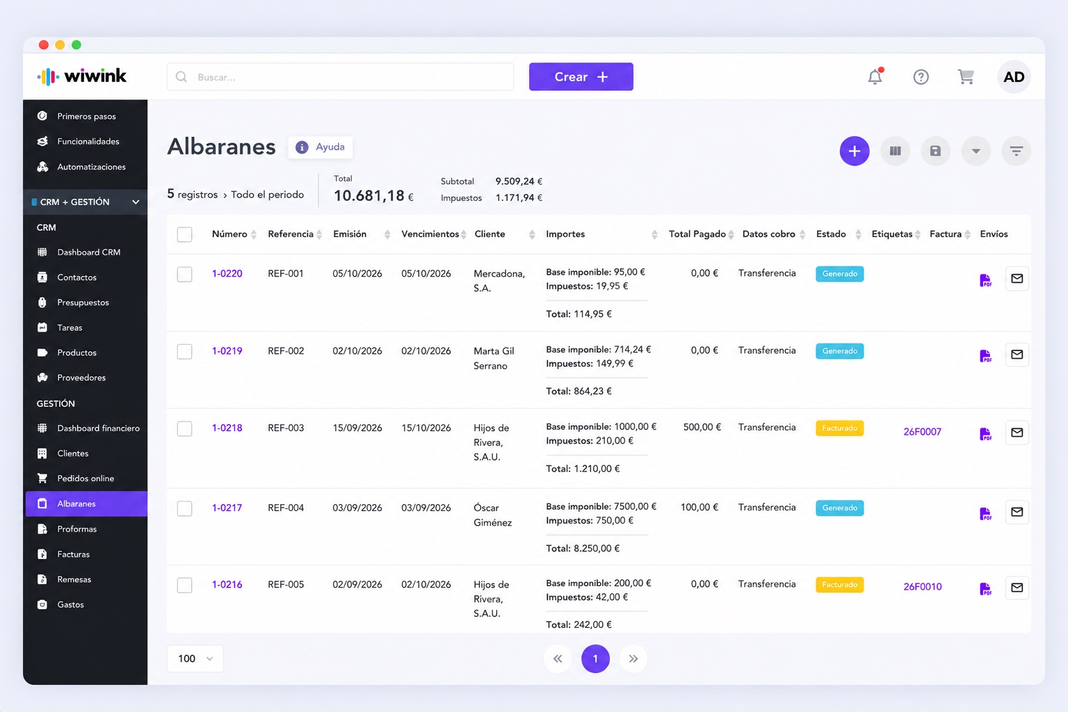 Gestión de albaranes en wiwink