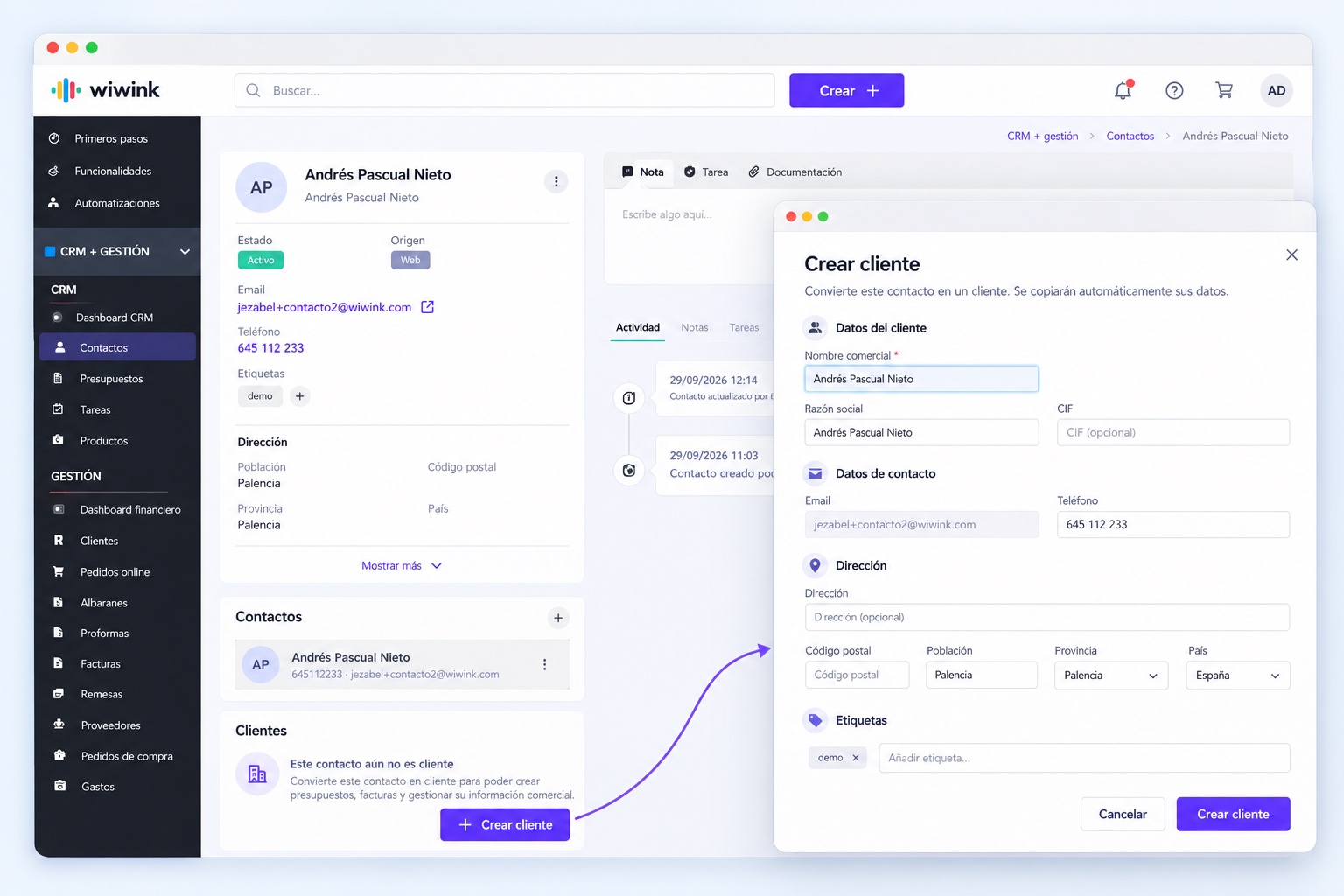 Client creation in wiwink