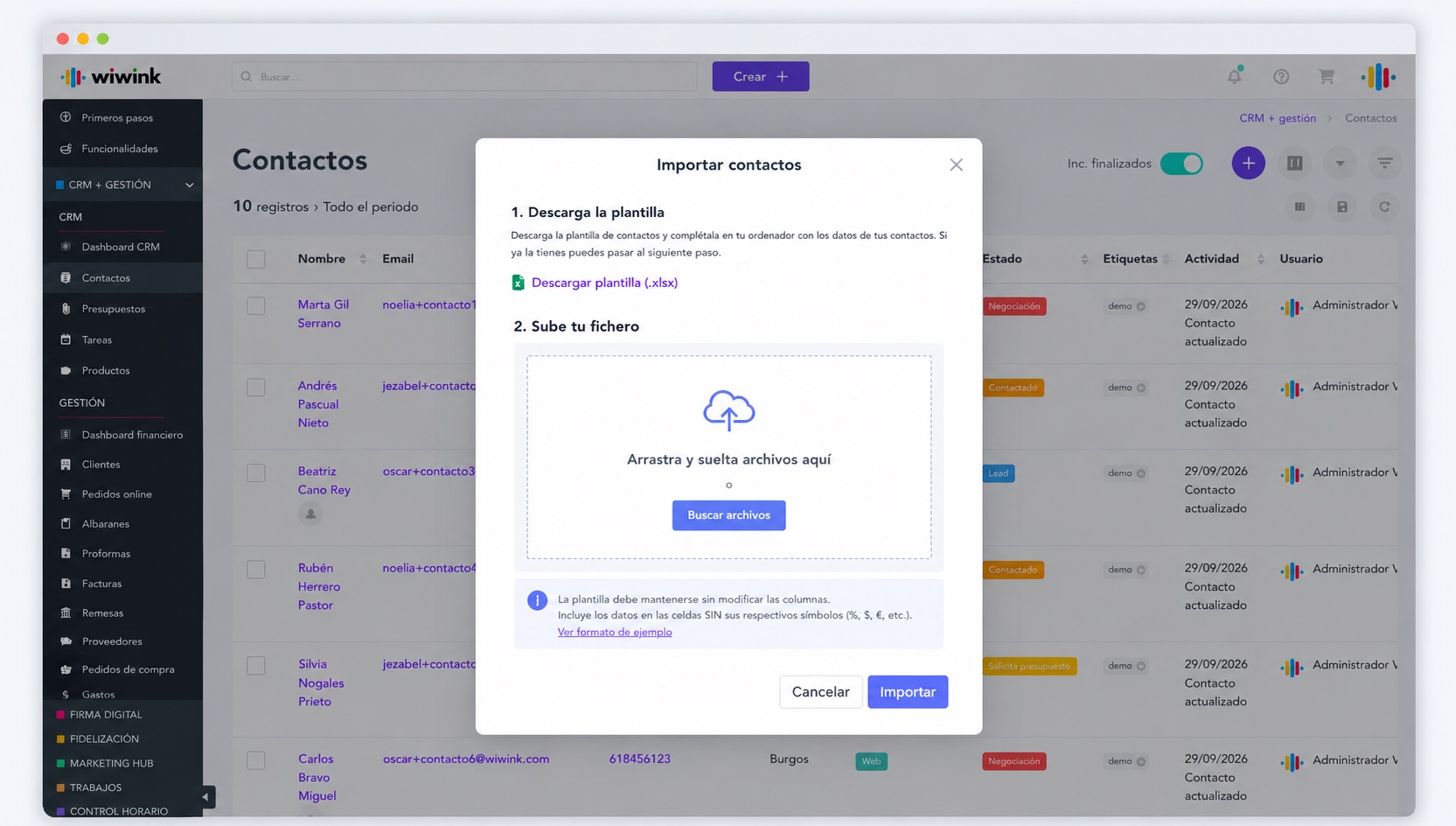 Creación e importación de contactos en wiwink