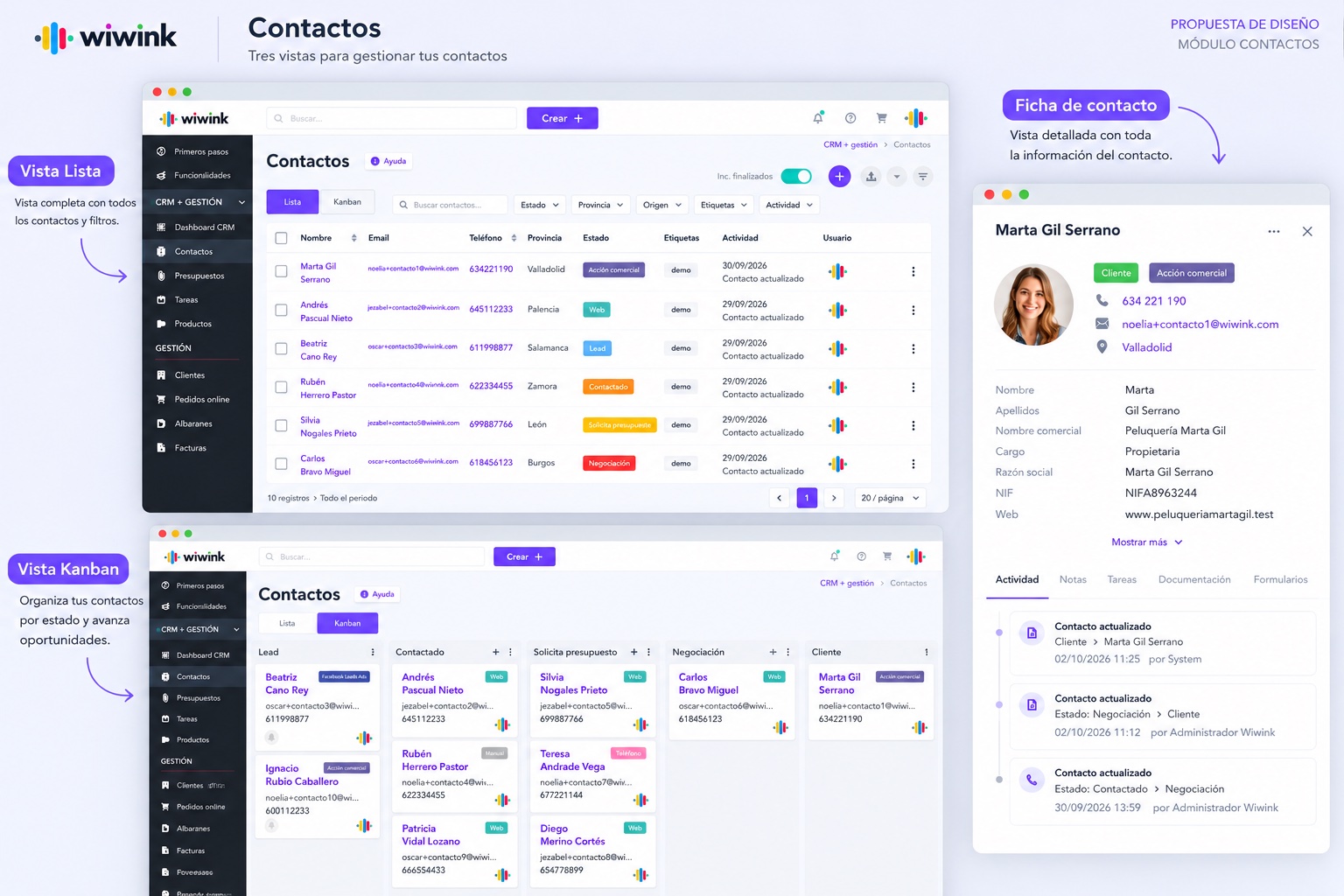 Vista Kanban de gestión de contactos en wiwink