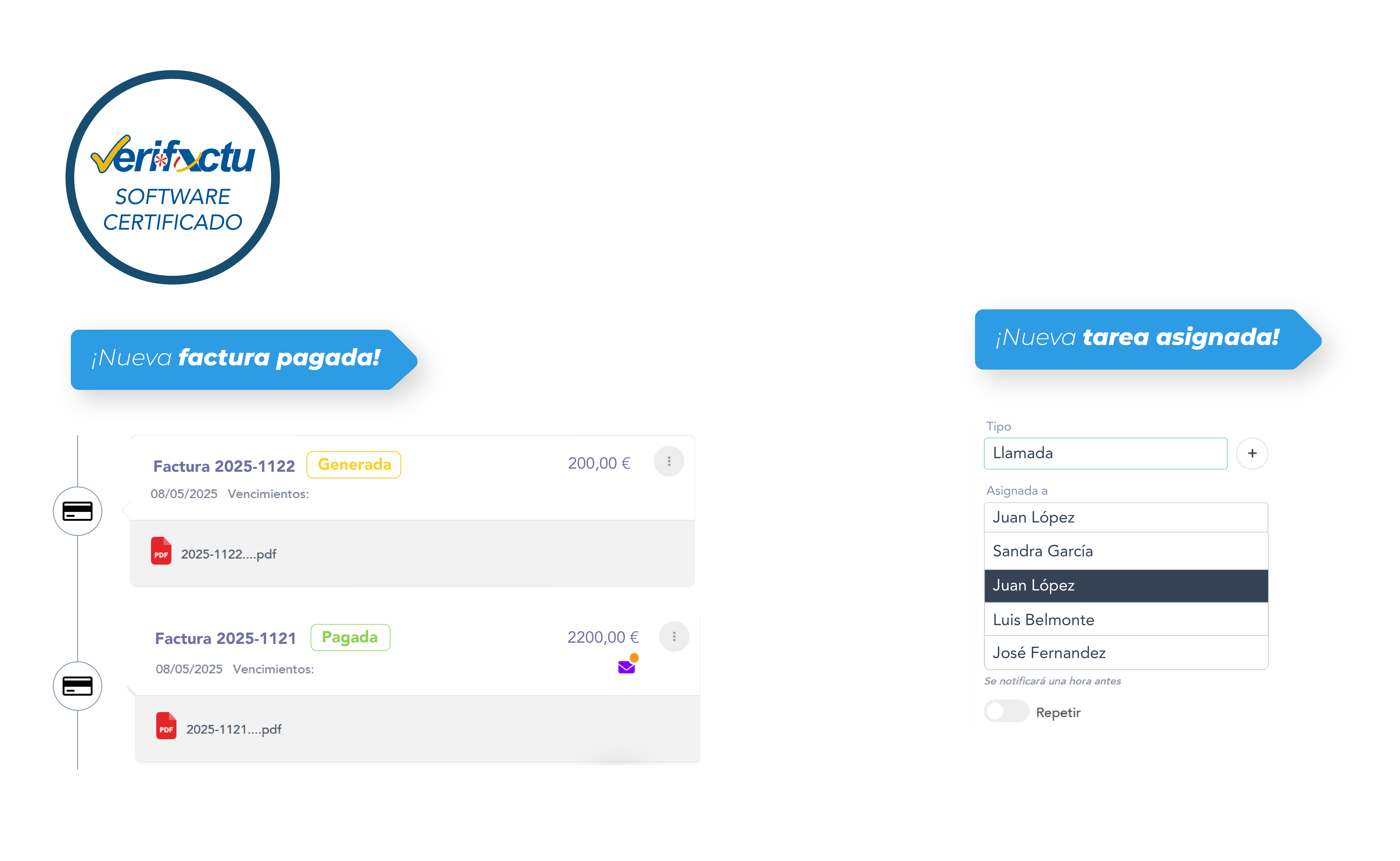 Vista general animada de la plataforma wiwink con CRM, presupuestos y facturación Verifactu - Hover