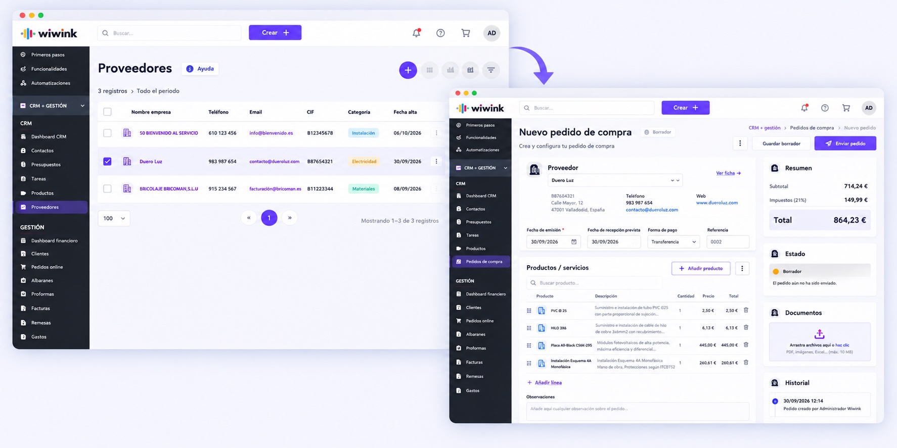 Supplier list and new purchase order in wiwink