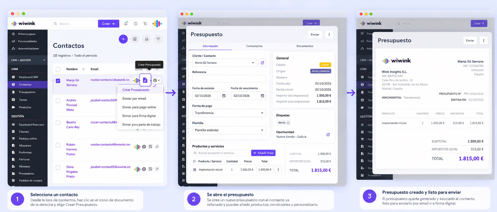 Creating quotes and opportunities in wiwink
