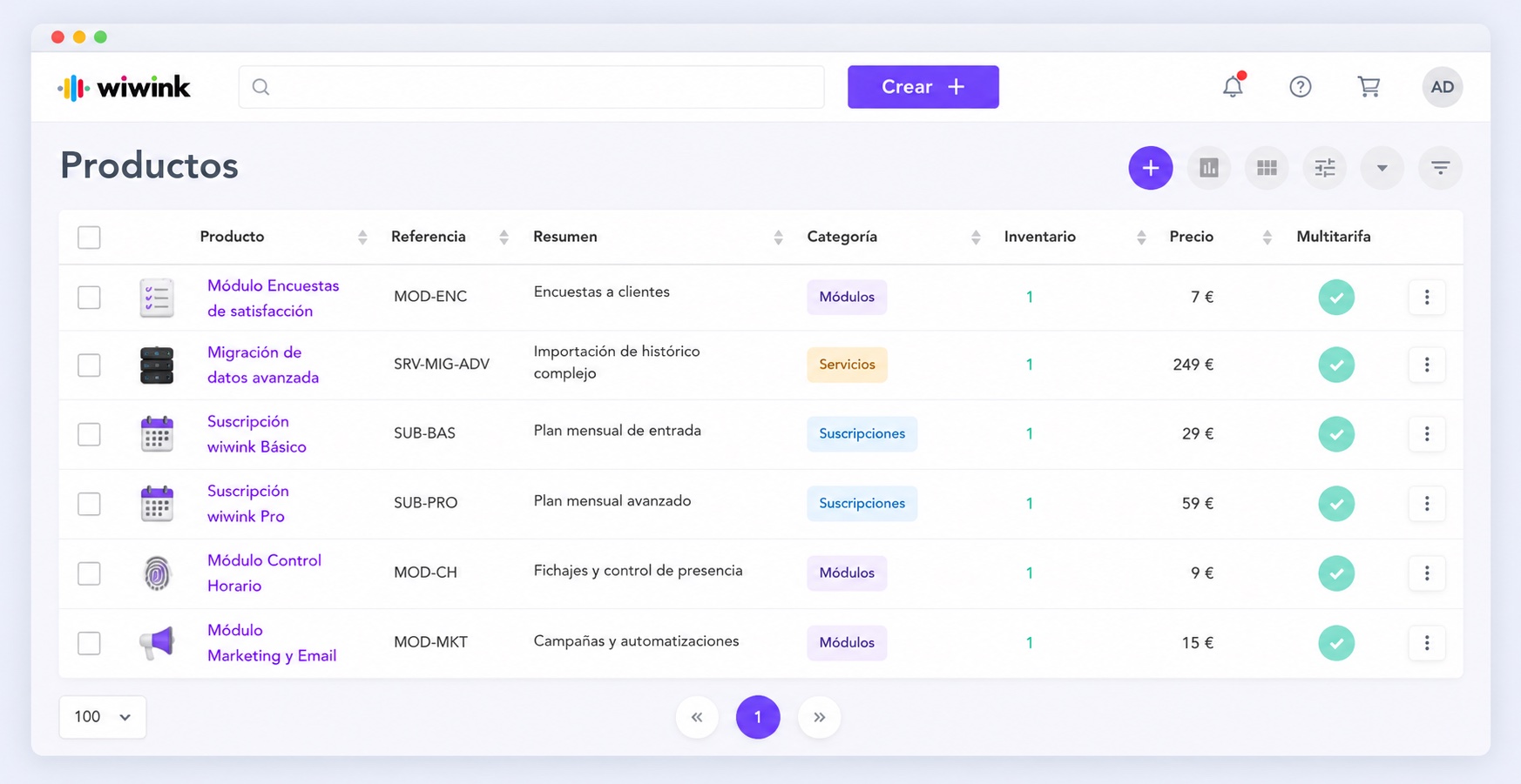 Product and service management in wiwink
