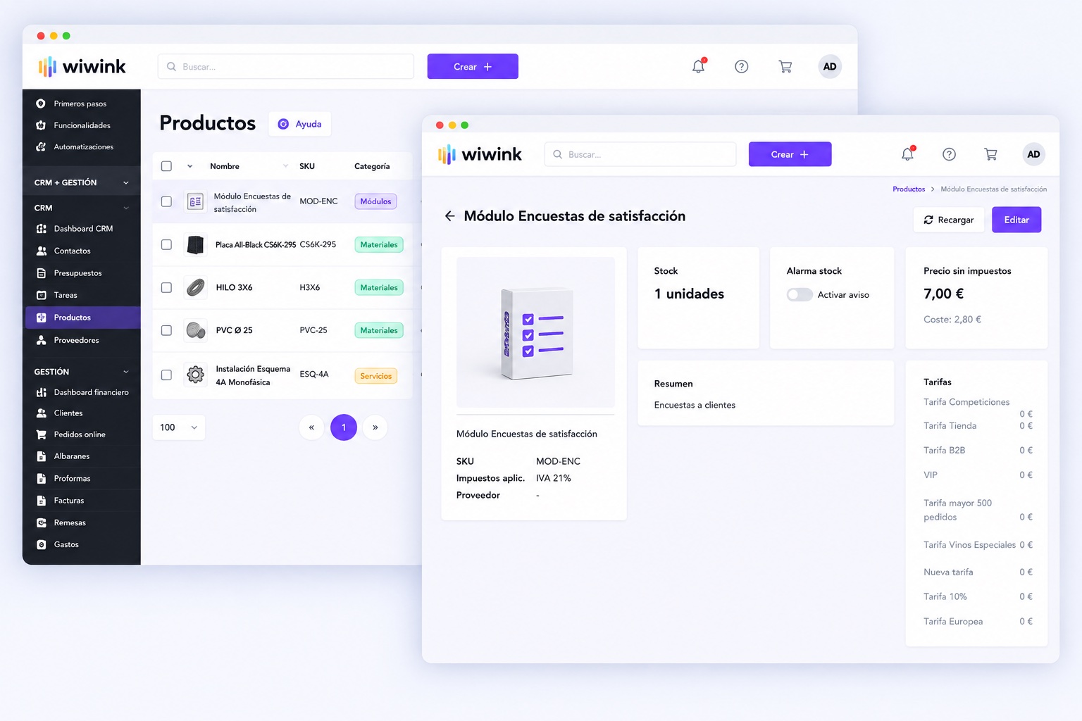 Product and service management in wiwink