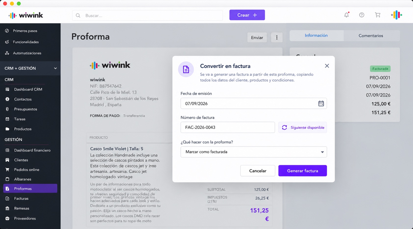 Converting a pro forma to an invoice in wiwink