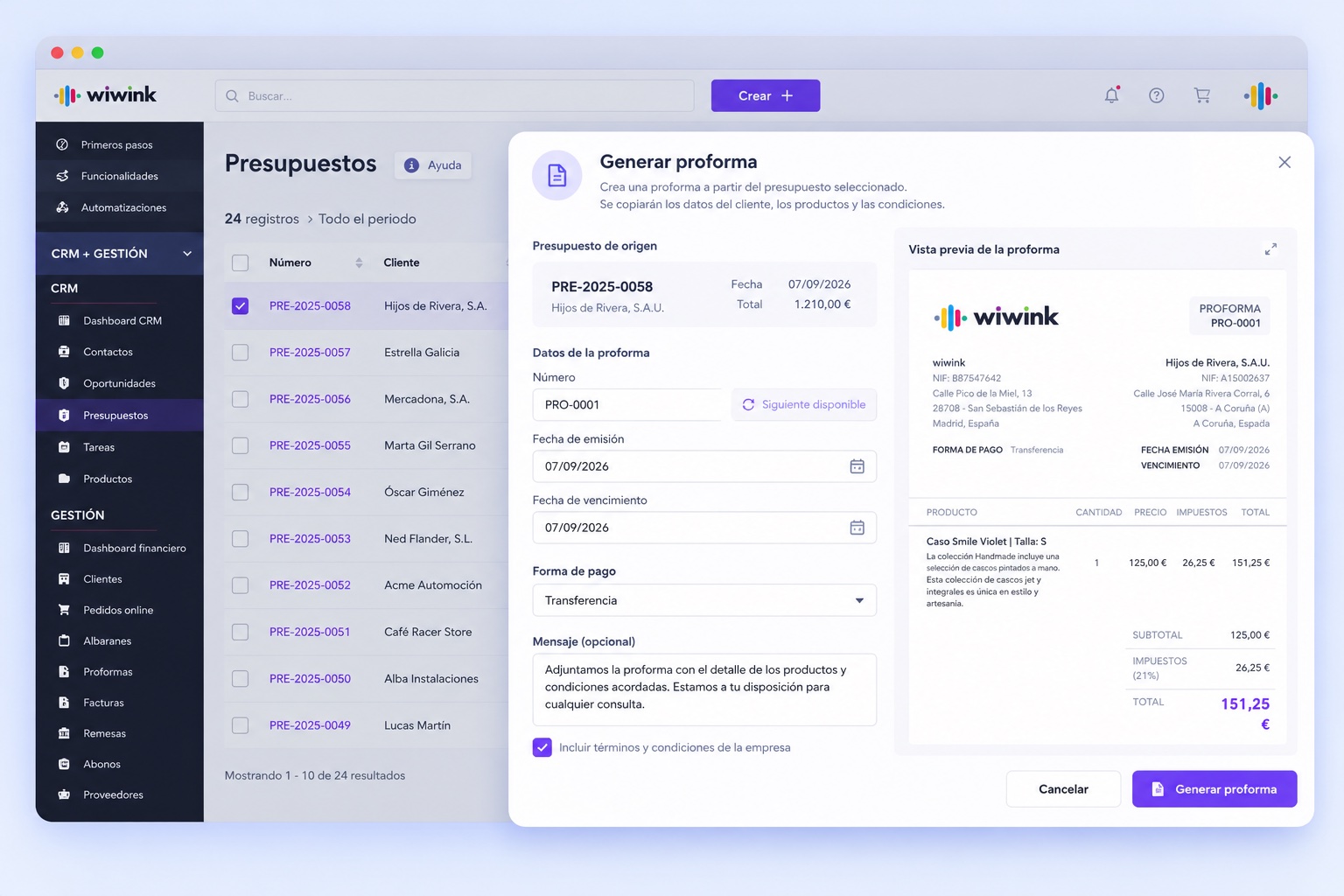 Creating pro forma invoices in wiwink