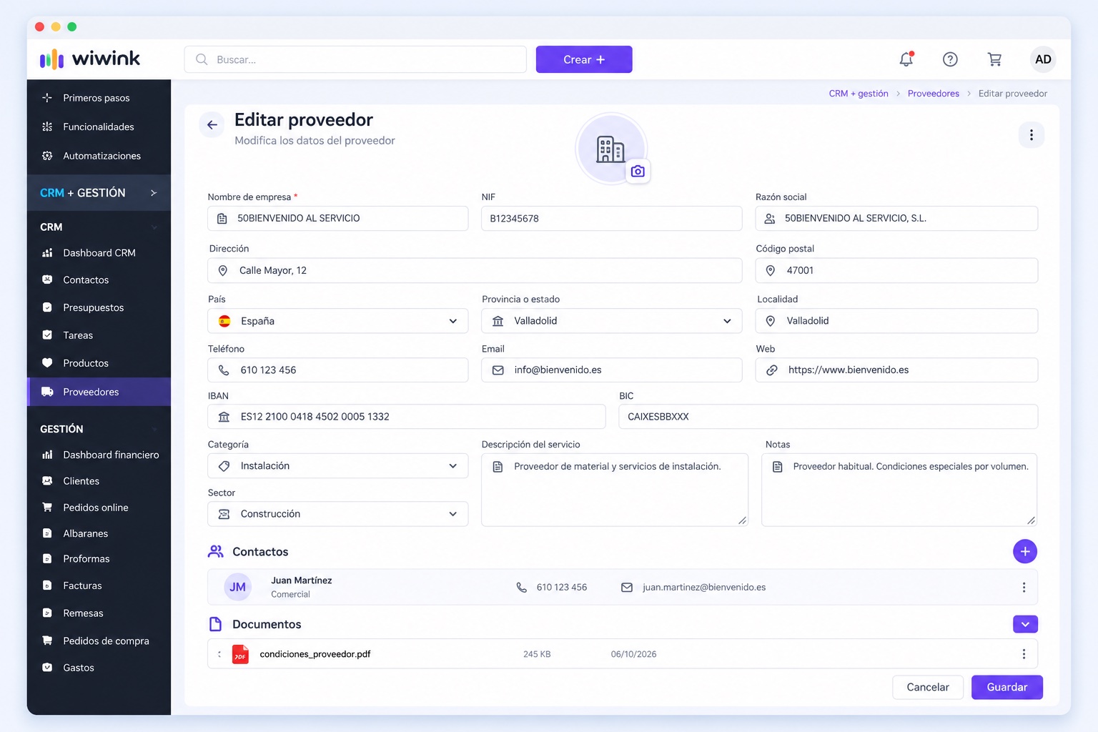 Supplier management in wiwink