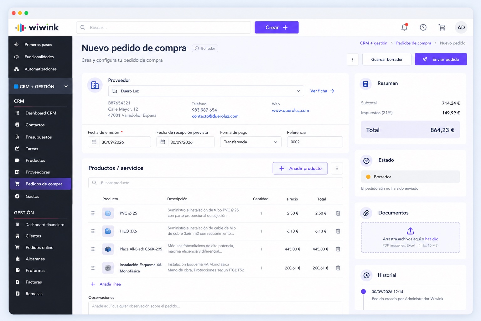 Purchase orders to suppliers in wiwink