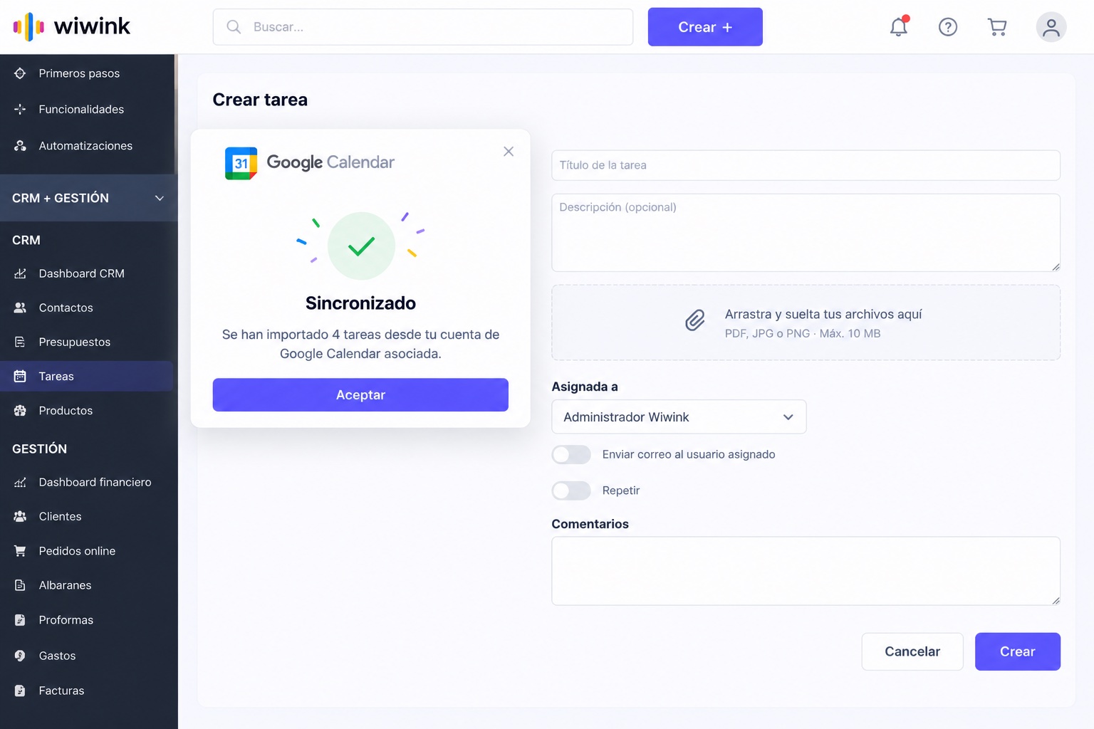 Task calendar in wiwink
