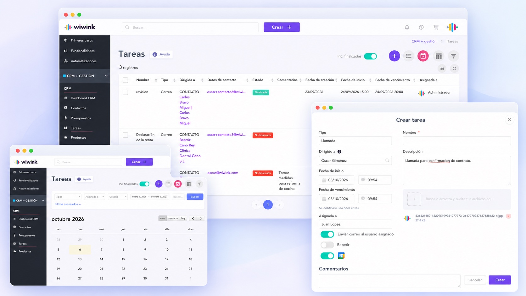 Task and calendar management in wiwink