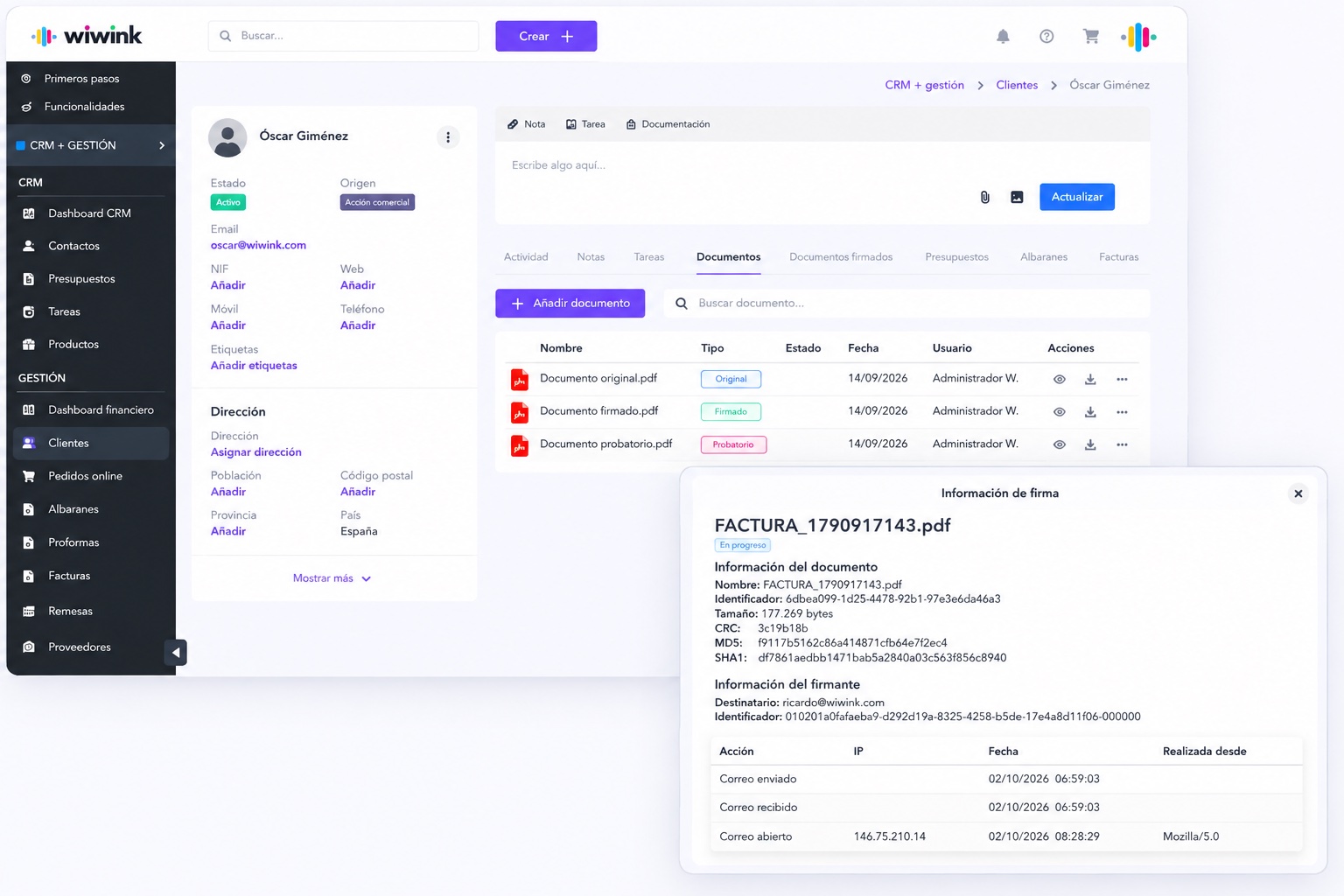 Archivo automático de contratos firmados en wiwink