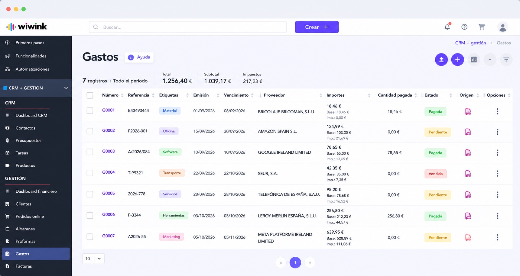 Expense management in wiwink