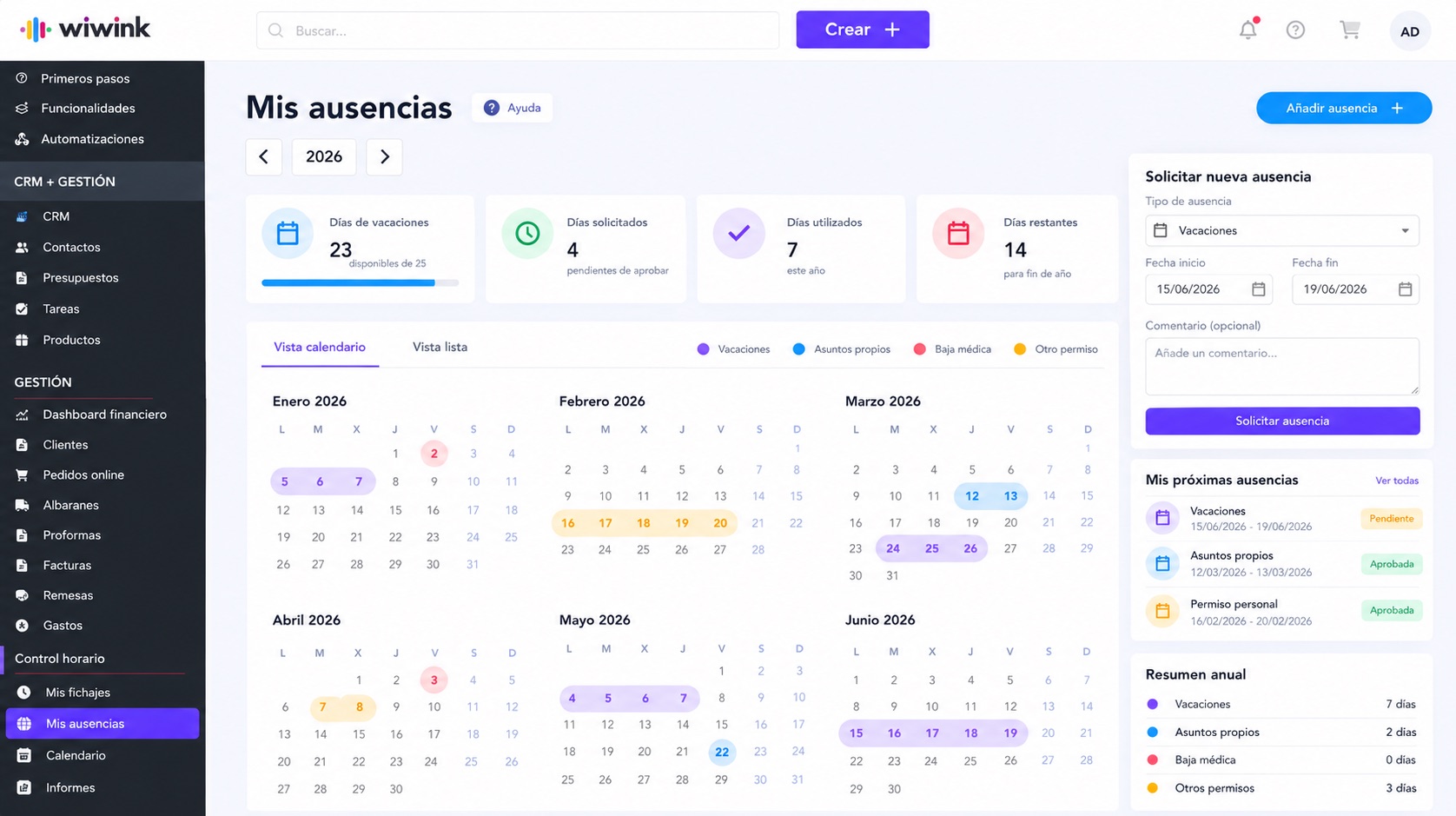 Gestión de ausencias y vacaciones en wiwink