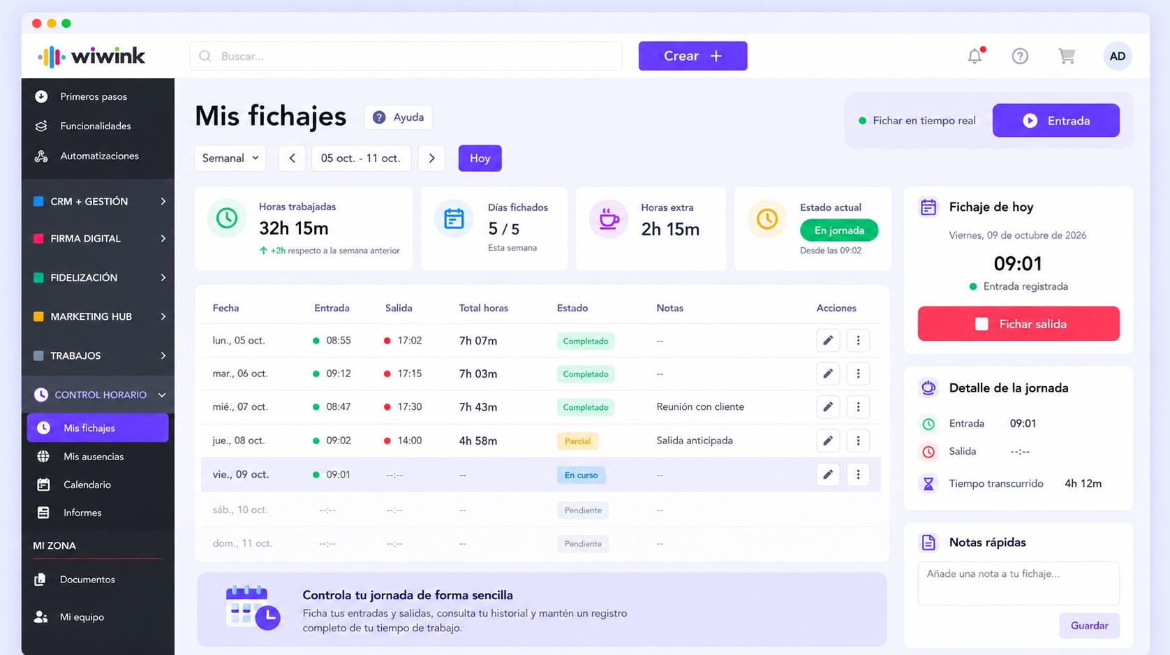 Control horario en wiwink