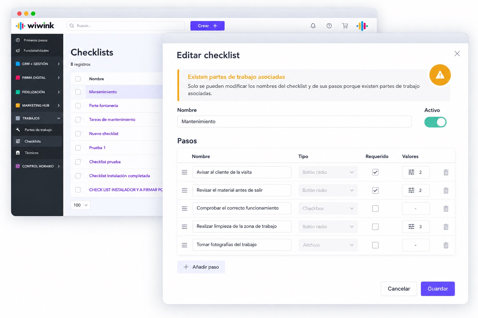 Control checklists in wiwink