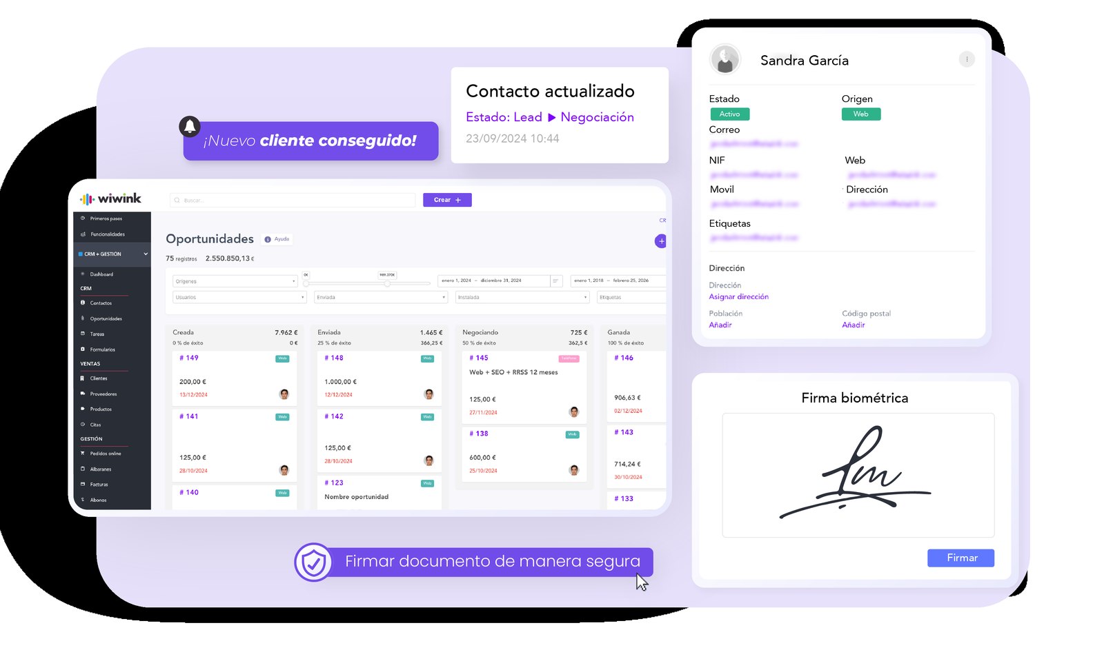 Panel de wiwink: oportunidades, ficha de cliente y firma biométrica de documentos