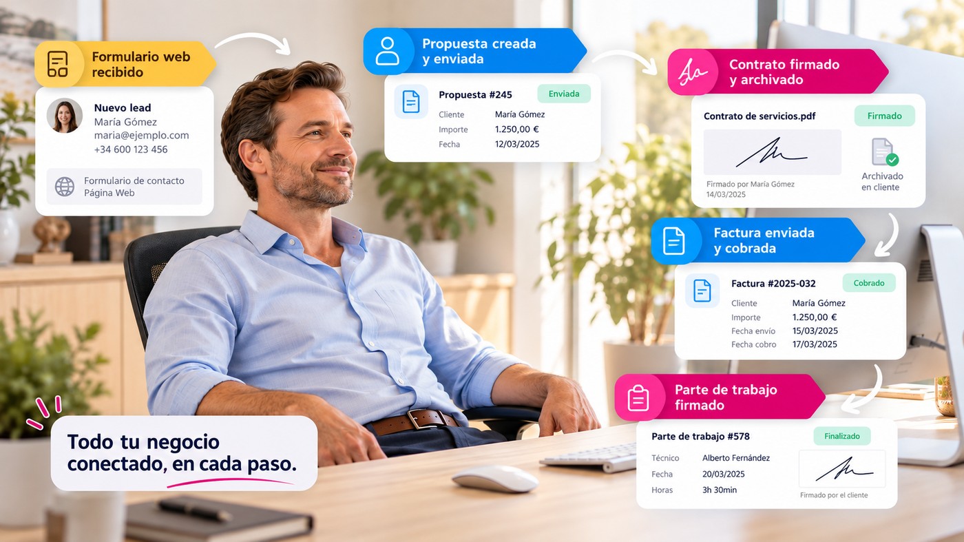 Todo el ciclo de negocio conectado en wiwink: formulario web, propuesta, contrato, factura y parte de trabajo